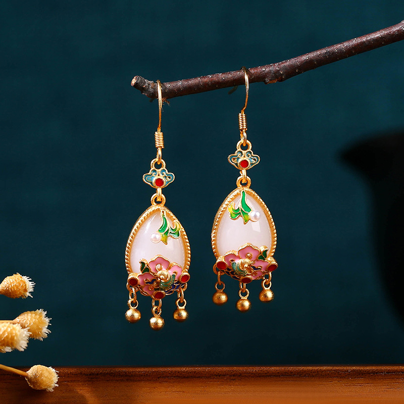 Women Accessories Jewelry - Natural Jade Flower Earrings Charm Amulet