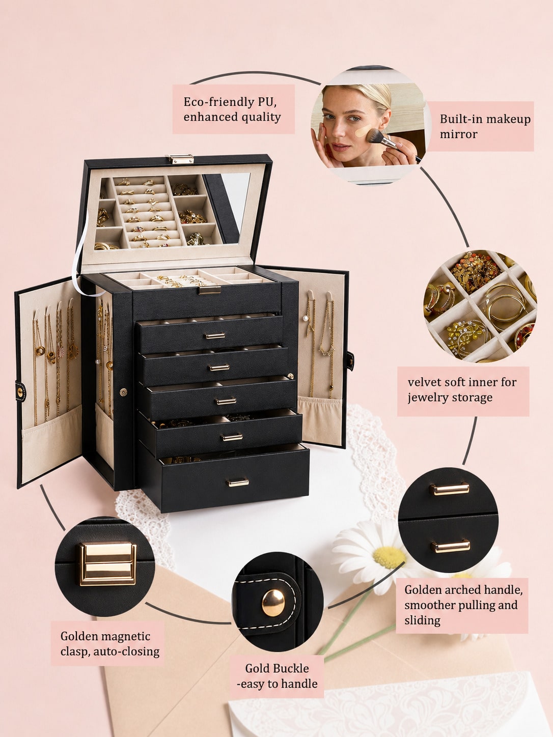1PC Large 6-Layer PU Leather J - Women Accessories Drawer recension och pris